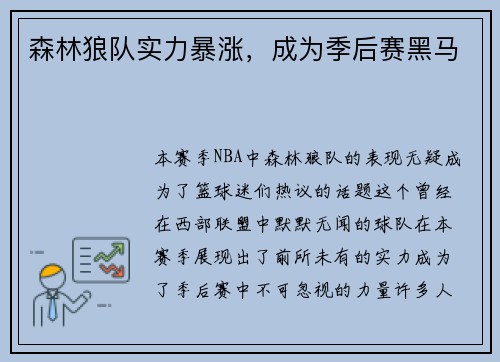 森林狼队实力暴涨，成为季后赛黑马